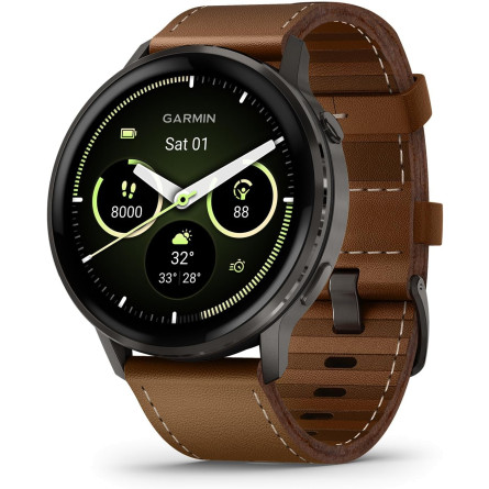 Garmin Venu® 4, 45mm, Advanced Health and Fitness GPS Smartwatch,Bright Colorful Display,Built-in Flashlight,12 Days of Battery Life, Slate with Black Silicone and Brown Leather Band - 2 Bands